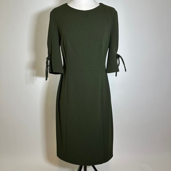 NWT Connected Apparel Olive Green Tie Scuba Crepe Sleeve Sheath Dress Womens 4 - Picture 1 of 10